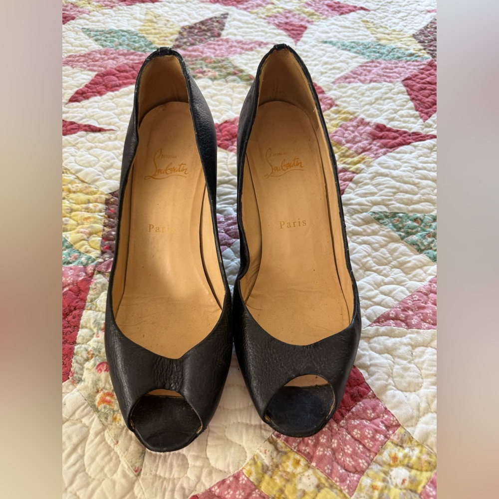 Christian Louboutin Black Leather Peep-Toe Heels